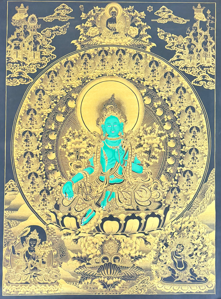 GREEN TARA in a Golden Field surrounded by 21 Taras and Bodhisattvas