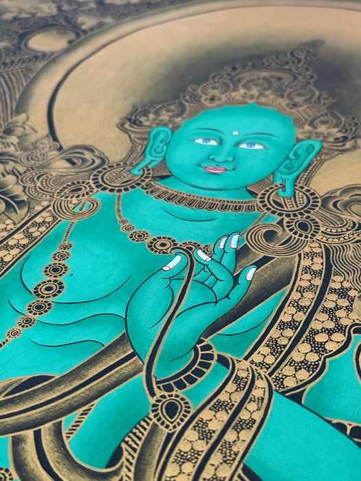GREEN TARA in a Golden Field surrounded by 21 Taras and Bodhisattvas